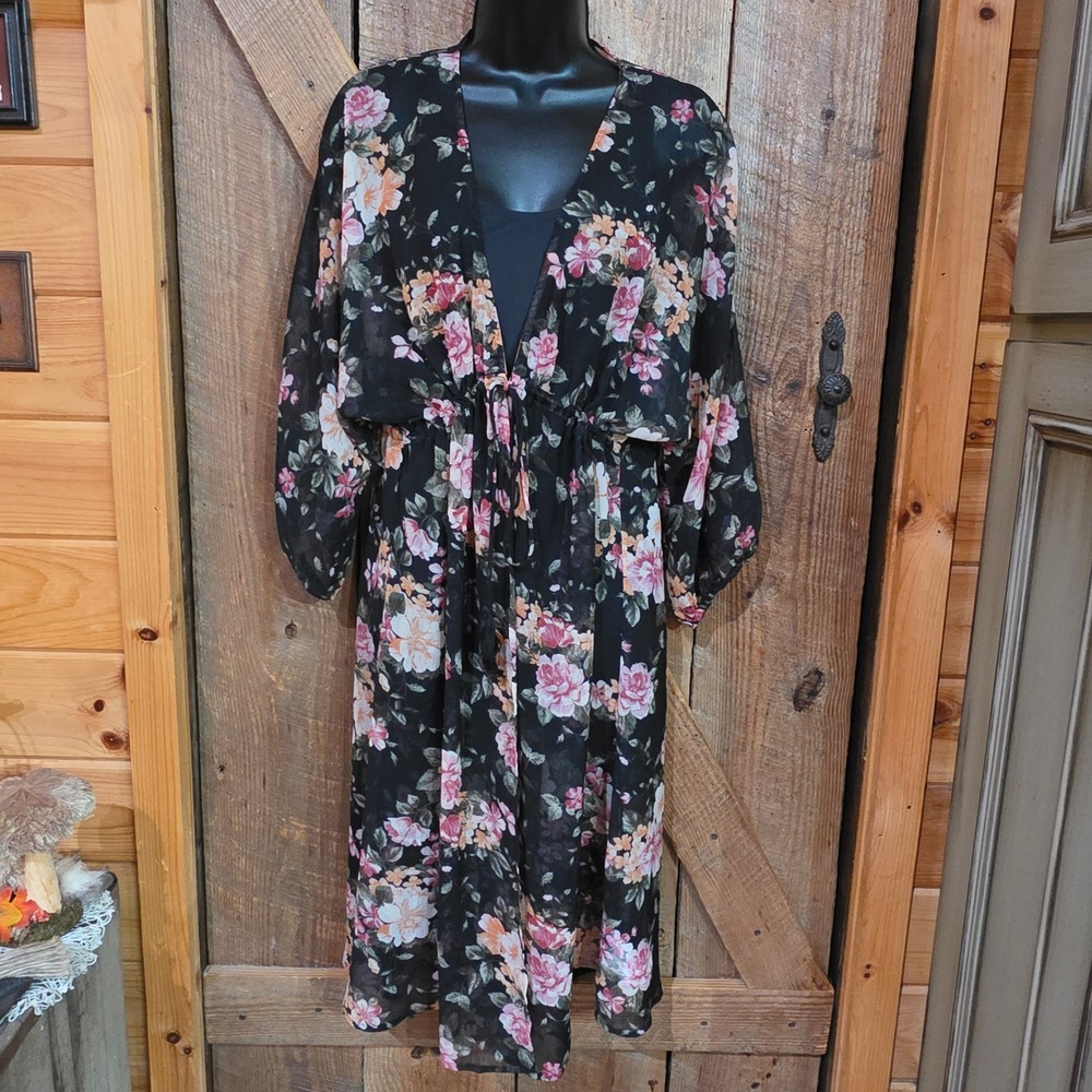 American Eagle Black Sheer Floral Kimono Duster Drawstring Coverup